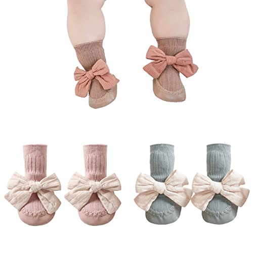 Image of WATOCHE Baby Girl Socks Look Like Shoe Toddler Ant-slip Socks with Grips Baby Long Socks with Cute Bows Floor Shoes Socks