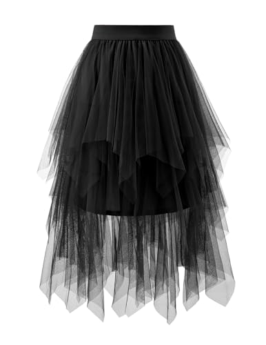bridesmay Tüllrock Damen Elastischer Waistednd Asymmetrisch Sommerrock Midirock Halloween Karneval Party A-Linie Röcke Black XL