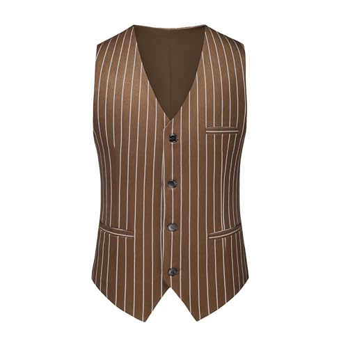 MOGU Mens Striped Vest - Slim Fit Dress V-Neck Waistcoat Sleeveless Pinstripe Suit Vest for Casual Formal Size 40 fit Chest 40 Brown