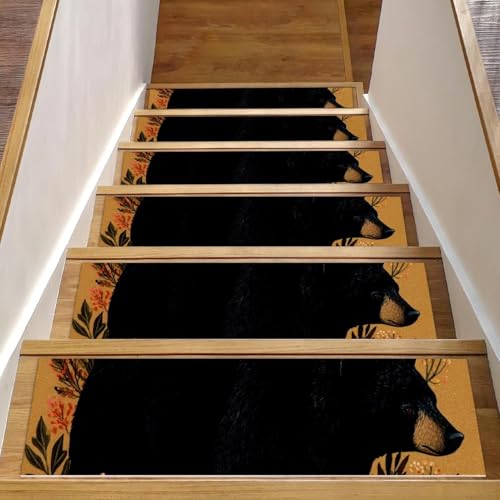 CHENZZZZ Stair Treads Non Slip Stair Runners for Wooden Steps Indoor, 15PCS 8x30 Black Bear (1) Carpet Treads for Wood Stairs Staircase Step Treads for Kids & Dogs, Stair Covers
