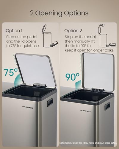 Image of SONGMICS Trash Can, Double Compartment Garbage Can, Stainless Steel | 2 X 8 Gallon (2 x 30 L) for Recycling, with 15 Liner Bags, Soft-Close Lids, Removable Buckets, Silver ULTB160EZ01