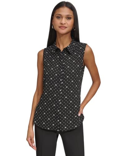 KARL LAGERFELD Paris Womens Sleeveless Collared Button Front Blouse, Black/Soft White, XS