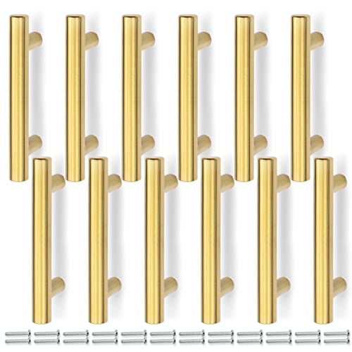 Bwintech 12 Pcs 100MM (64MM Hole Center) Gold Cabinet Pull Handles Kitchen T Bar Handles, Stainless Steel