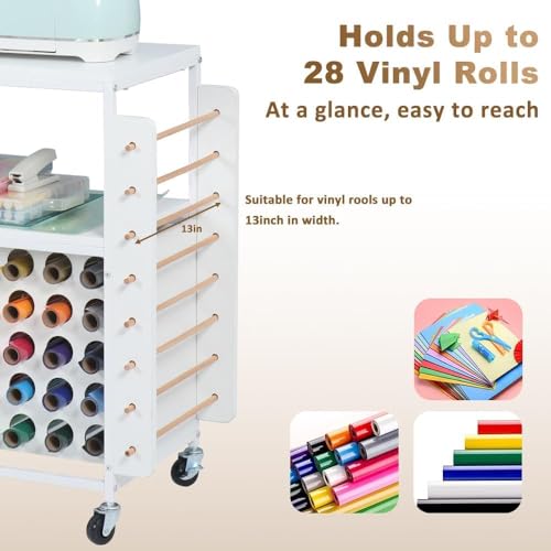 Image of LUCKUP Organization and Storage Craft Table for Cricut Machines, Rolling Cart Cabinet with 28 Vinyl Roll Holders and 5 Drawers, Heat Press Stand Crafting Storage Cart with Hooks