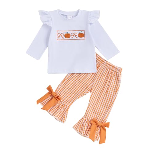 Toddler Baby Girl Halloween Outfit Bow Pumpkin T Shirt Plaid Bell Bottoms Set Girls Top Flare Pants Fall Clothes
