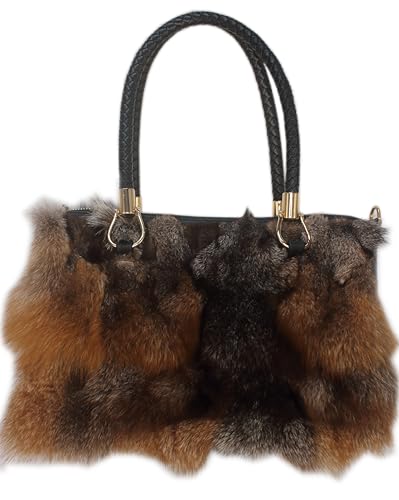 美品★FOXEY Private noir cinnamon Fosrion Luxury Real Fox Fur Handbag For Women Ladies Furry