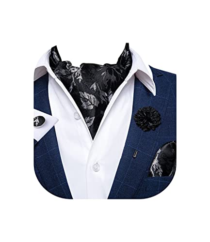 Image of DiBanGu Mens Silk Ascot Ties Paisley Jacquard Woven Cravat and Pocket Square Cufflinks with Lapel Pin for Business Wedding