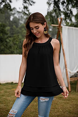 Grecerelle Halter Tank Tops For Women Dressy Casual Layered Pleated Chiffon Shirts Round Neckline Sleeveless Blouse Black-Large #TOP5