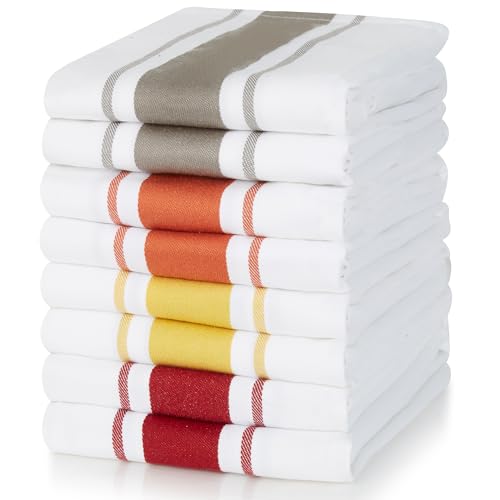 Sticky Toffee 100% Cotton Tea Towel - Terracotta, Red, Mustard & Grey Stripe Pattern, Pack of 8 | Kitchen Towel Set | Absorbent, Strong, Quick Dry | Home & Bathroom Accessories