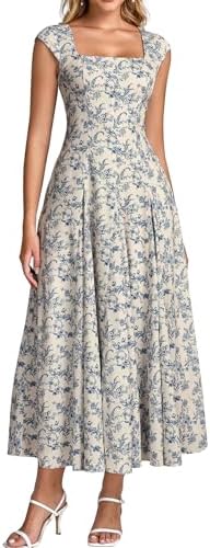 Auraxe Corset Midi Square Neck Wedding Guest Dresses for Women with Pockets, Bluefloral, L