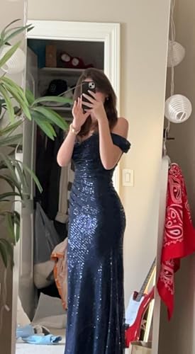 Sevintage Sequin Mermaid Prom Dress for Women Long Off Shoulder Sparkly Bridesmaid Dresses Slit Formal Gown2