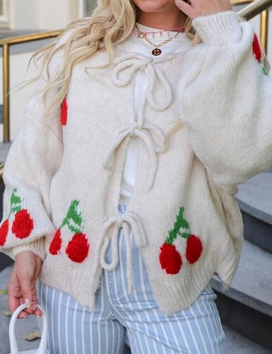 Image of FindThy Women's Tie Front Cardigan Sweater Cute Long Sleeve Crew Neck Bow Knot Knit Outwear