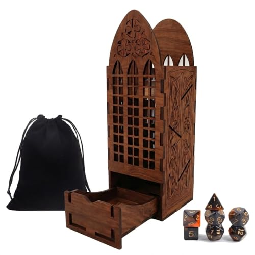 Walnut DND Dice Tower with 7 DND Dice Set & Pouch Vintage Walnut Finish RPG Dice Roller for DND Dungeons and Dragons Pathfinder & TTRPG Tabletop Games