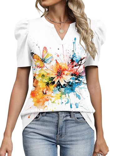 Image of LOMON Spring Summer Tops for Women 2026 V Neck Puff Short Sleeve Tops Fashion Trendy Work Blouses Dressy Casual S-XXL