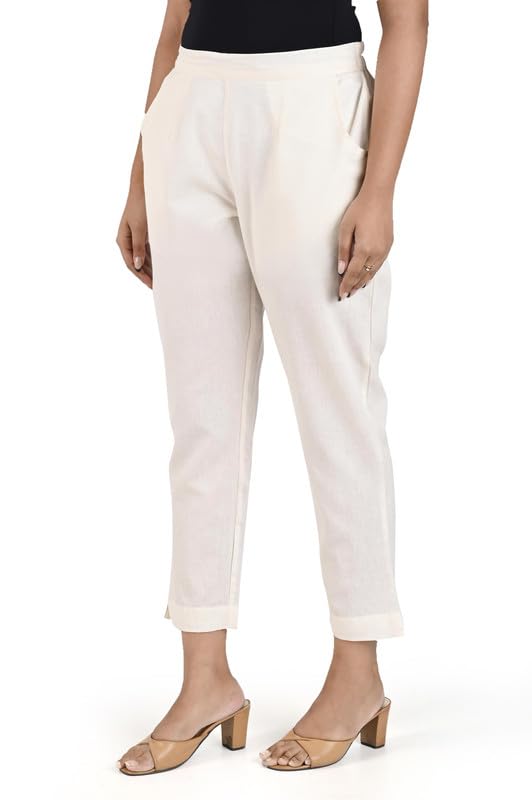 Image of Women's Solid Straight Fit 100% Cotton Trousers | High Waist, Side Pockets, Ankle Length Pants for Office, Casual