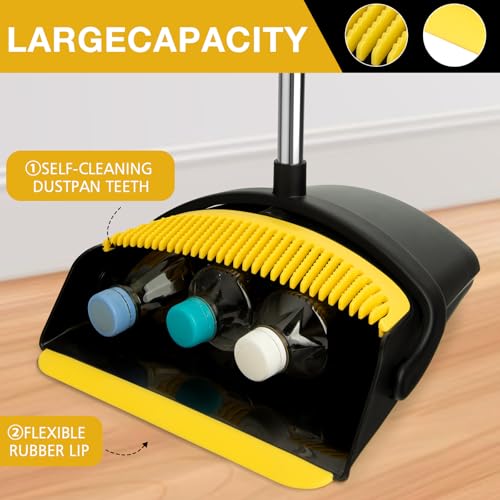 Image of Broom and Dustpan Set, Long Handle Lightweight Dustpans with Broom Combo for Home, Indoor&Outdoor Sweeping for Home Room Kitchen Office Lobby (Black Yellow)