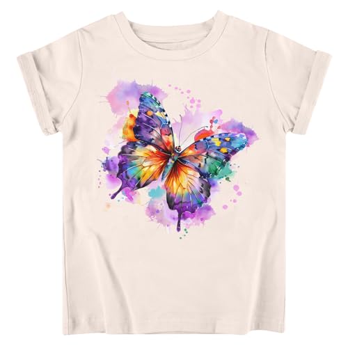 Funnycokid Little Girls Shirt 3T 4T Toddler Beige Tees Butterflies Animal Children Cute T-Shirt Graphic Short Sleeve Tops Clothes