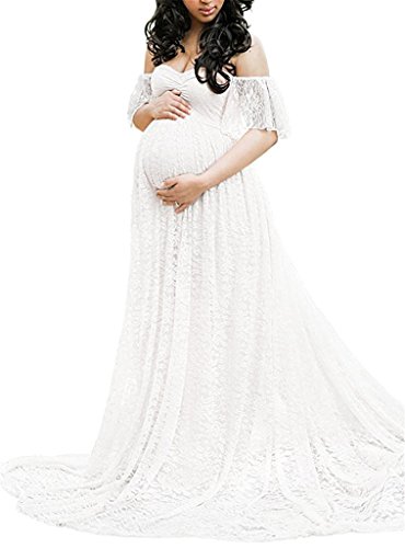 Maternity Photography Props Floral Lace Dress Fancy Pregnancy Gown For Baby Shower Photo Shoot (M, White) #TOP5