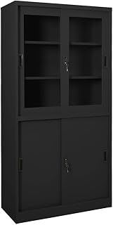vidaXL Steel Office Cabinet with Tempered Glass and Sliding Doors, 35.4
