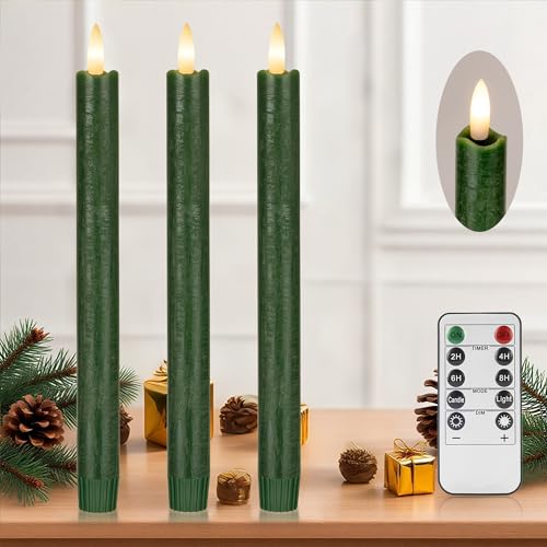 Image of JOIONE Green Flameless Taper Candles with Remote, 3 Pack Christmas Decor | Battery Operated LED, Real Wax, Remote Control, Warm Flickering Glow, Safe Christmas Home & Party Decor
