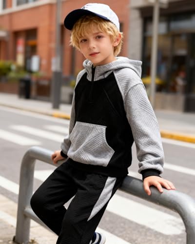 Image of OLMRJKD 5-12Y Boys Clothes 2 Piece Long Sleeve Quarter Zip Hoodie Sweatshirt and Sweatpants Fall Winter Sweatsuit