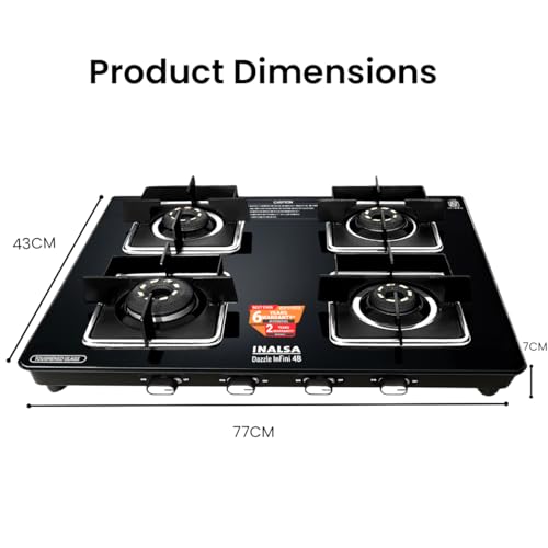 INALSA Premium Slim Gas Stove 4 burners Glasstop ≈77cm|6Yr Warranty on Glass & 2Yr on Burner|8mm Toughened Glass|Commercial Brass Burner|LPG... - Image 3