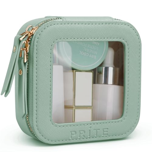 Prite Small Makeup Bag for Women Portable Clear Makeup Bag Cute Mini Waterproof Travel Cosmetic Bag with Gold Zipper for Car Essentials(Green) Green Mini