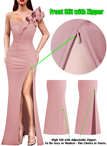 Image of VFSHOW Womens Ruffle One Shoulder Strap Ruched Formal Prom Wedding Maxi Dress V Neck Elegant Split Cocktail Evening Long Gown