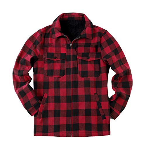 Mens Fleece Jacket Sherpa Lined Zip Up Buffalo Plaid Flannel Coat Casual Long Sleeve Warm Fall Winter Outwear #TOP1