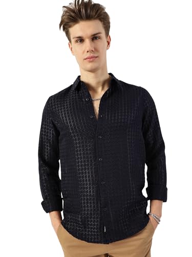 Image of Thomas Scott Men's | Solid | Textured Fabric | Full Sleeve | Slim Fit | Polyester-Blend | Spread Collar | Casual Shirt