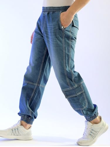 Image of The Indian Garage Co Men Loose Fit Solid Mid-Rise Stretchable Denim Joggers