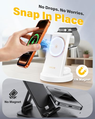 Image of 3 in 1 Fast Charging Station for iPhone, 25W Wireless Magnetic Phone Charger for iPhone 17 16e 16 15 14 13 12 Serise, Watch Charger Stand, Wireless Charging Station for AirPods 4 3 Pro, White