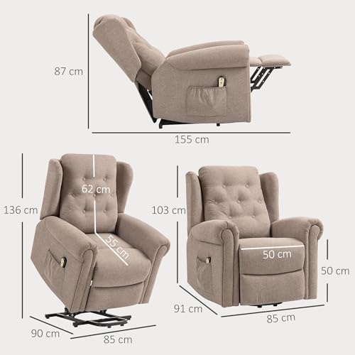 HOMCOM Sillón Relax Reclinable Eléctrico Levanta Personas Sillón Elevador con Respaldo Alto Capitoné Control Remoto Tapizado en Lino y Bolsillos Laterales Marrón Claro - imagen 3