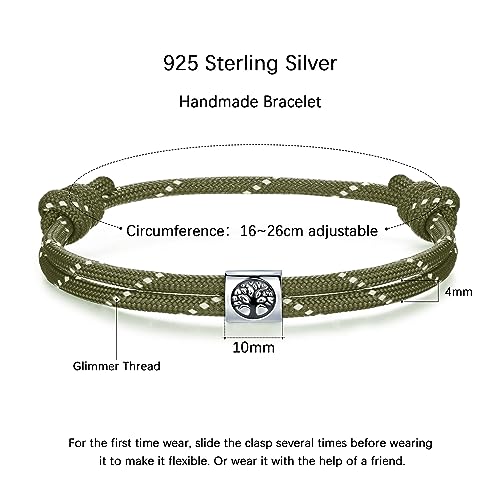 J.endéar Paracord Bracelet For Women Men, Tree Of Life Nautical Rope 925 Sterling Silver Bracelet For Unisex, Surf Sailing Summer Sea Beach Gift For Partner Surfer Sea Enthusiasts, Green #TOP4
