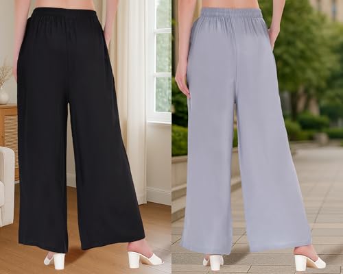 Image of Buy That Trendz Palazzo Pants for Women Cotton Rayon Elasticated Flared Wide Leg Regular Fit M to 6XL Pack of 2