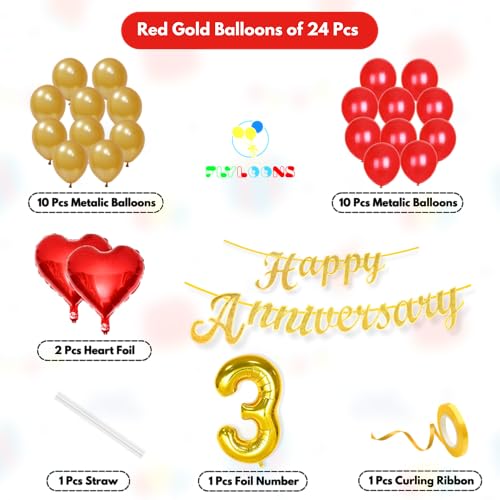 Image of Flyloons 3rd Happy Anniversary Decoration Items Red Gold for Men Women Husband Wife Mom Dad Parent Couple Home Bedroom Car With 20 Pcs Metallic Balloons Anniversary Banner 2 Pcs Heart Set Kit