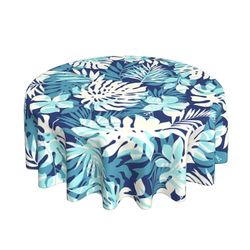 DAFENA Summer Round Tablecloth 70 Inch Navy Blue Teal Palm Leaves Table Cloth Hawaiian Tropical Coastal Leaf Holiday Table Covers Polyester Outdoor Tablecloths for Kitchen Dining Party Picnic