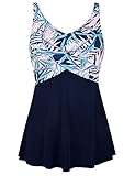 Septangle Women's One Piece Swimsuit Tummy Control Bathing Suit Flowy High Waist Swimsuit Dress with Bikini Bottom Twist Front Swimdress, Navy Blue & Pink Leaves, US 8
