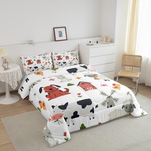 Image of Feelyou Cute Farm Animals Bedding Set Full Size, Kids Cartoon Sheeps Comforter Set Kawaii Dog Comforter Rabbit Cow Duvet Insert Bed Set 3Pcs
