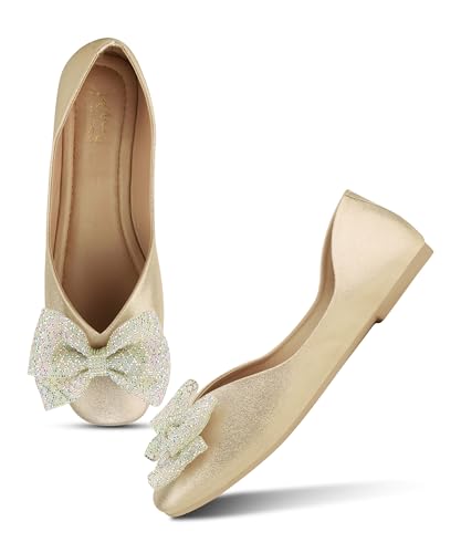 Image of JM LOOKS Sparkling Occasion Ballet Flats with Oversized Glitter Bow and Sleek Low Profile Design Silhouette