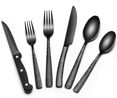 Black Hammered Silverware Set with Steak Knives, 24-Piece Stainless Steel Wave Flatware Set for 4, Food-Grade Tableware Cutlery Set, Utensil Sets for Home Restaurant, Mirror Finish, Dishwasher Safe Black Hammered Silverware Set with Steak Knives, 24-Piece Stainless Steel Wave Flatware Set for 4, Food-Grade Tableware Cutlery Set, Utensil Sets for Home Restaurant, Mirror Finish, Dishwasher Safe