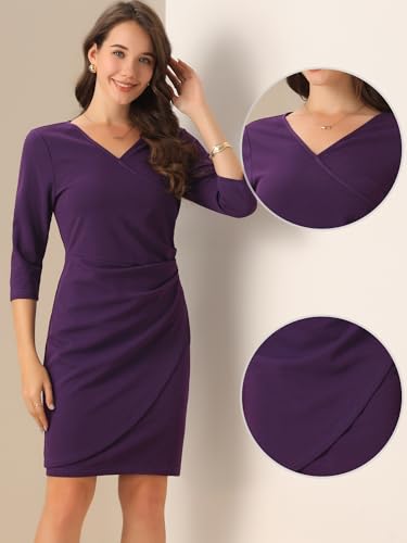 Allegra K Elegant Work Dress for Women's 3/4 Sleeve Faux Wrap V Neck Wedding Guest Sheath Dresses2