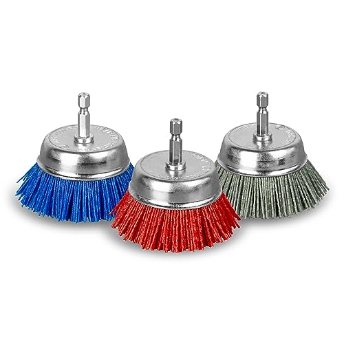 SALI 3 Pack 3 Inch Cup Brush Nylon Filament Abrasive Wire Brush Wheel with 1/4 Inch Hex Shank, Three Grits Nylon Drill Brush Set for Removal of Rust Corrosion Paint