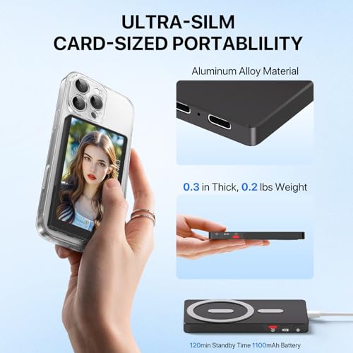 Image of 4 inch Back Camera Monitor iPhone 17, Magnetic Vlog Selfie Monitor Screen for iPhone 17,1080P Wireless Mirroring Back Camera Selfie Monitor for Vlog YouTube TikTok,Snaplylens for iPhone,Android, Black