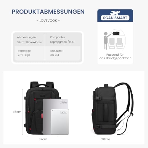 LOVEVOOK Handgepäck Rucksack Flugzeug, Reiserucksack Herren Damen Groß, Kofferrucksack mit Laptopfach, Travel Backpack Carry On Luggage, Cabin Bag 40l für Männer Frauen Reise Arbeit Business, Schwarz