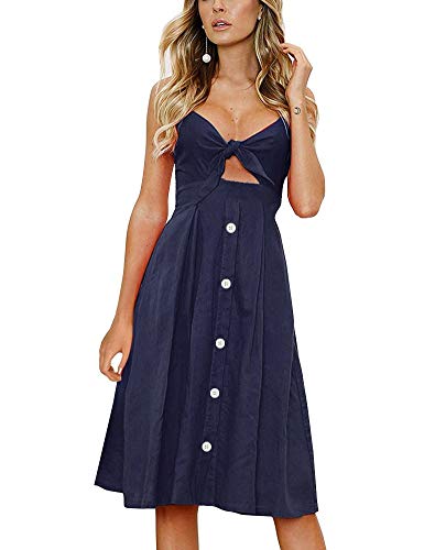 Image of FANCYINN Womens Tie Front Button Down A-Line Dresses Summer Spaghetti Strap Midi Dress Floral Prints