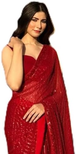 VAIRAGEE Women's Beautiful Soft Georgette Silver Color Embroidery Sequence Stylish Saree With Unsticthed Blouse Piece (6121_2)