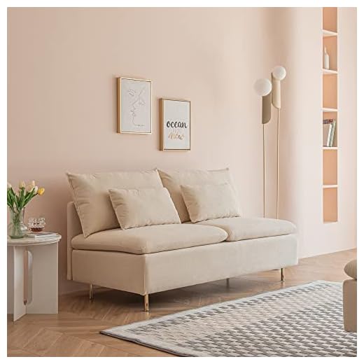 WILLIAMSPACE 59.8" Modern Armless Loveseat Sofa Couch, 2 Seater Upholstered Couch Settee Bench with Gold Legs, Comfortable Cotton Linen Love Seat with 2 Pillows for Living Room, Bedroom(Beige)