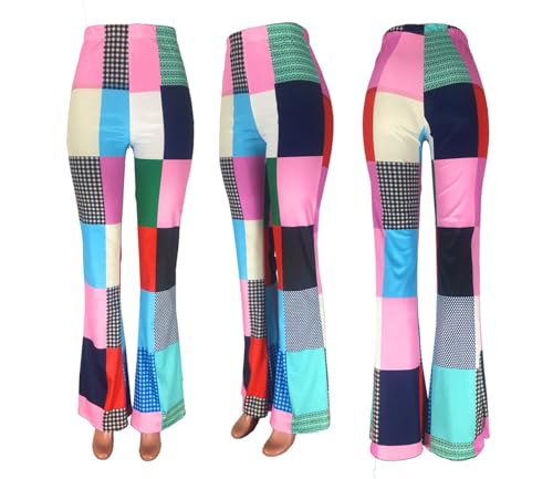 Womens Casual Patchwork Cargo Pants Elastic High Waist Stripe Plaid Gingham Straight Wide Leg Trousers with Pockets4