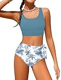 ADIRUN Tween Girls Swimsuits Size 14-16 Bikini Set Tropical Print Two Piece Bathing Suits for Teenage Girls Adjustable Straps Swimwear with Tie Side Knot Dark Blue 15-16 Years
